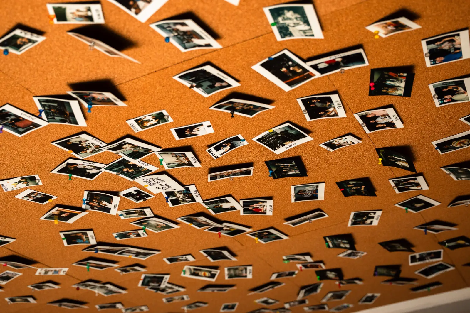 Hundreds of guest polaroids pinned to the cork ceiling